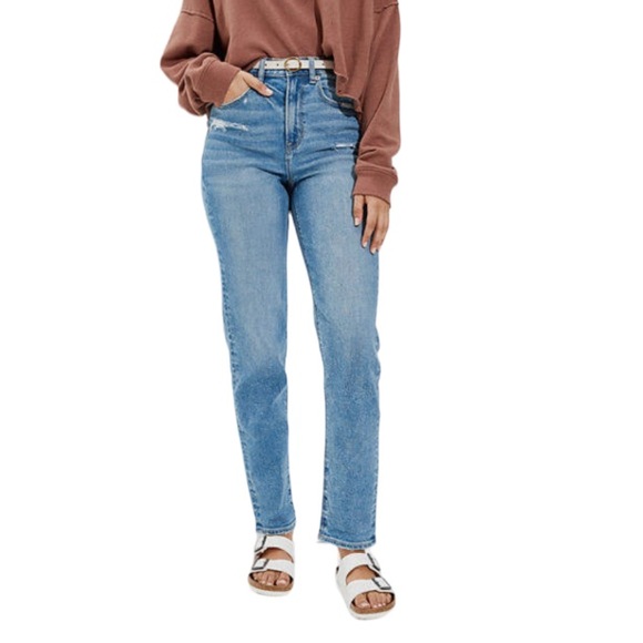 American Eagle Distressed Blue Fade Women’s Stretch Straight Leg Mom Jea… - Picture 3 of 10
